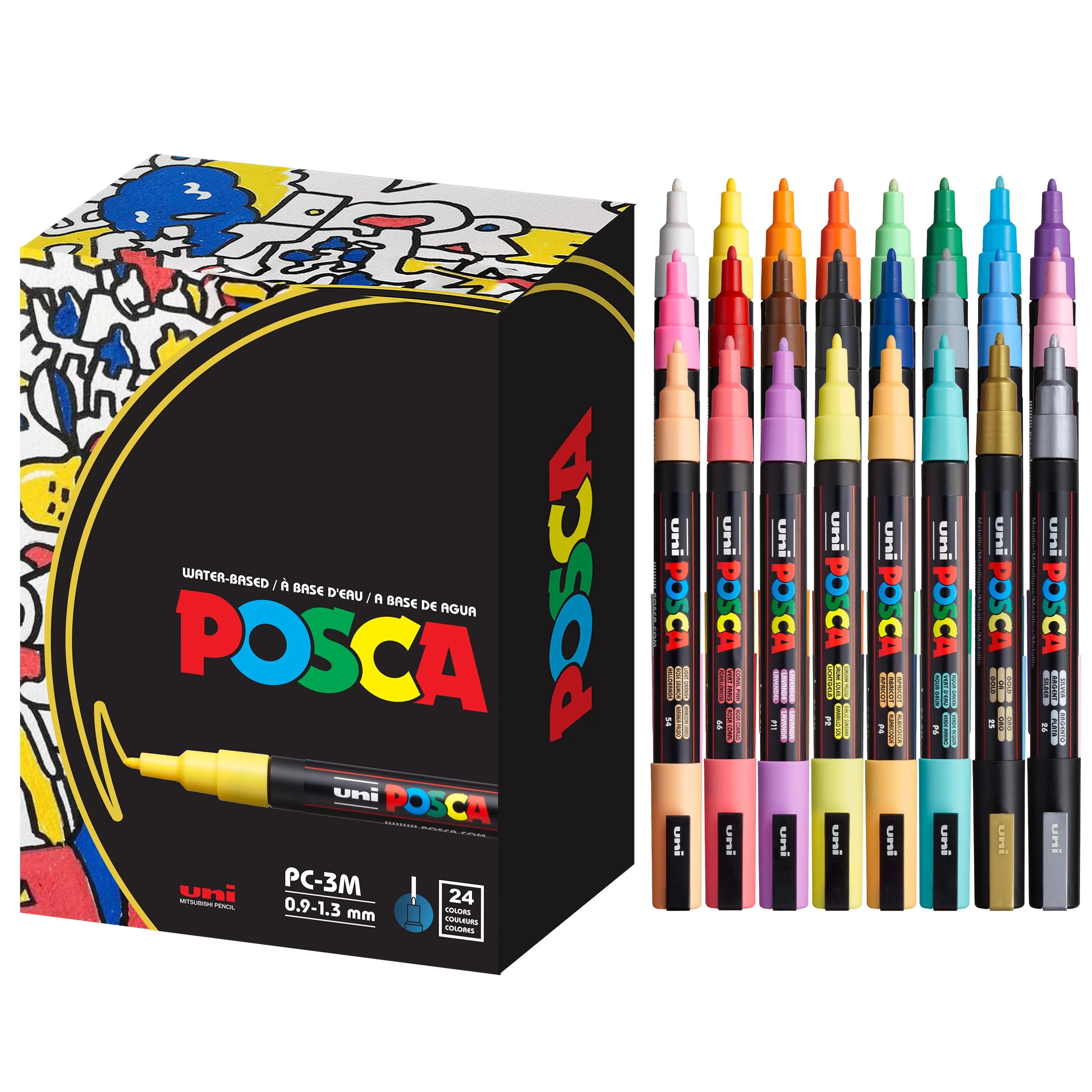 POSCA® PC-3M Water-Based Paint Markers, Fine Reversible Tip (0.9–1.3 mm), 24 Count Assorted Colors 1 POSCA® PC-3M Water-Based Paint Markers, Fine Reversible Tip (0.9–1.3 mm), 24 Count Assorted Colors