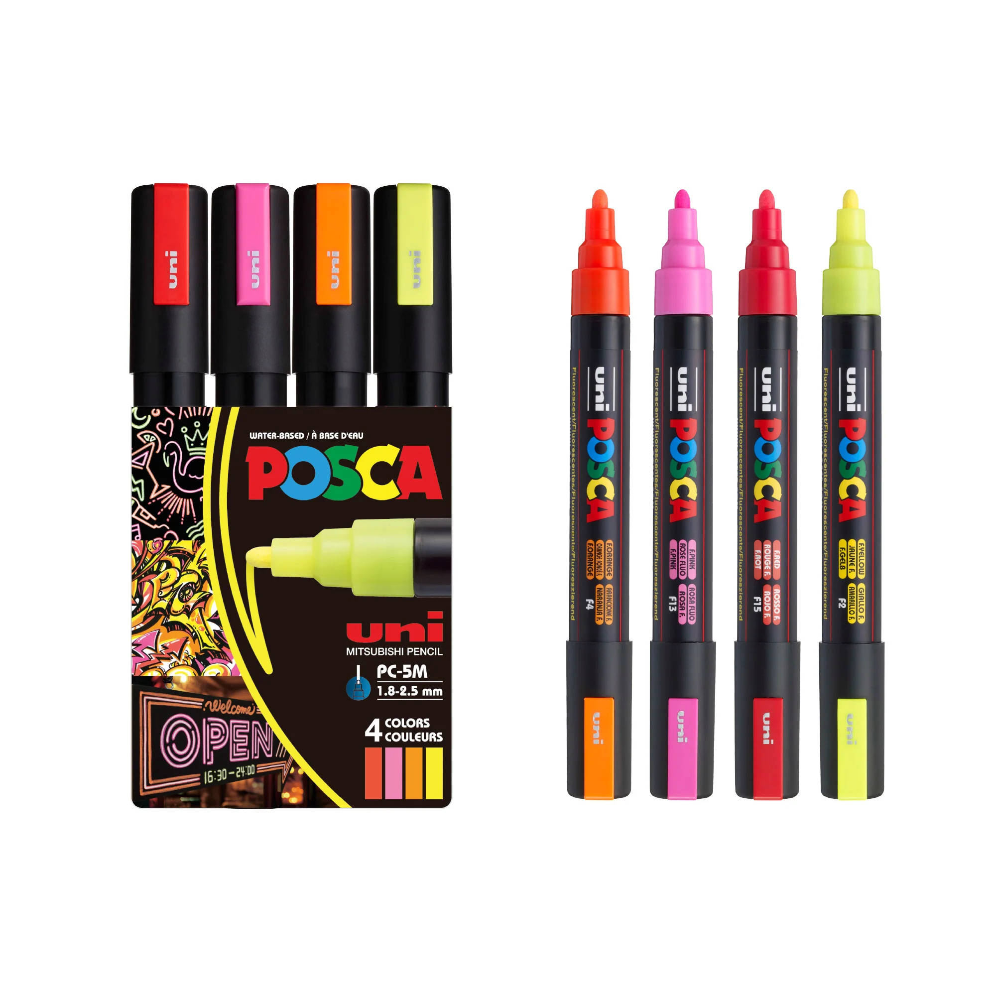 POSCA® PC-5M Water-Based Paint Markers, Medium Reversible Tip (1.8–2.5 mm), 4 Count Neon Colors