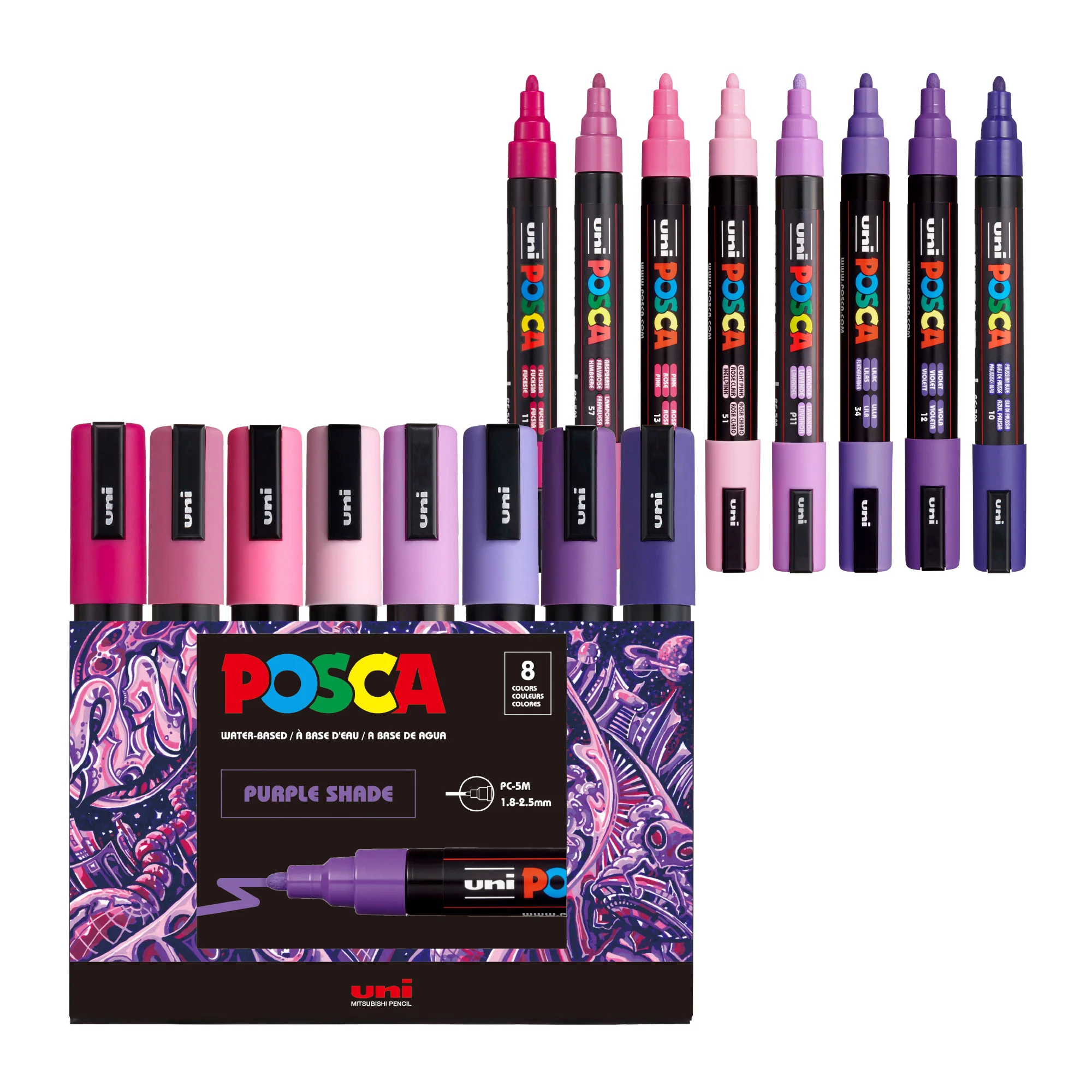POSCA® PC-5M Water-Based Paint Markers, Medium Reversible Tip (1.8–2.5 mm), 8 Count Purple Shade Colors