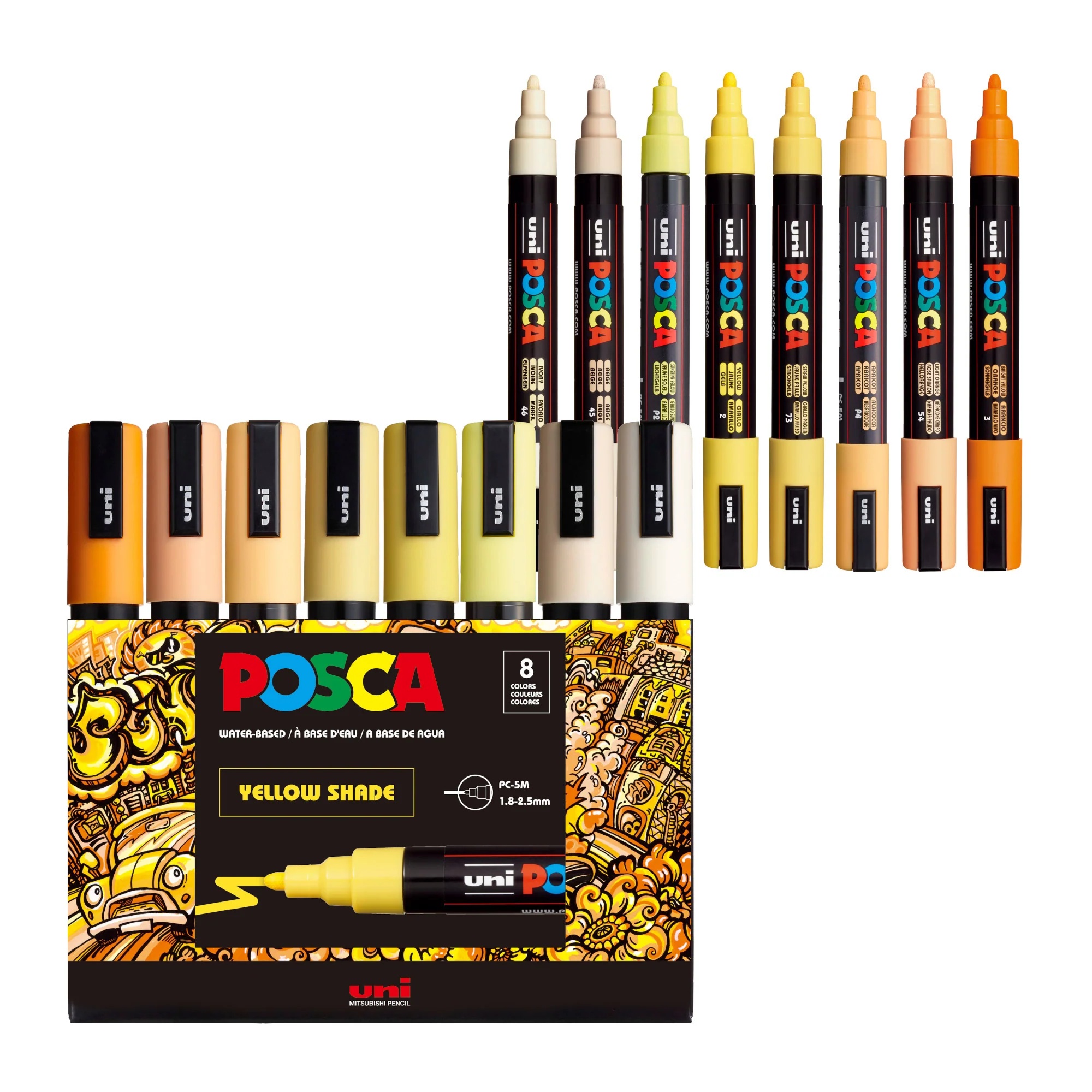POSCA® PC-5M Water-Based Paint Markers, Medium Reversible Tip (1.8–2.5 mm), 8 Count Yellow Shade Colors