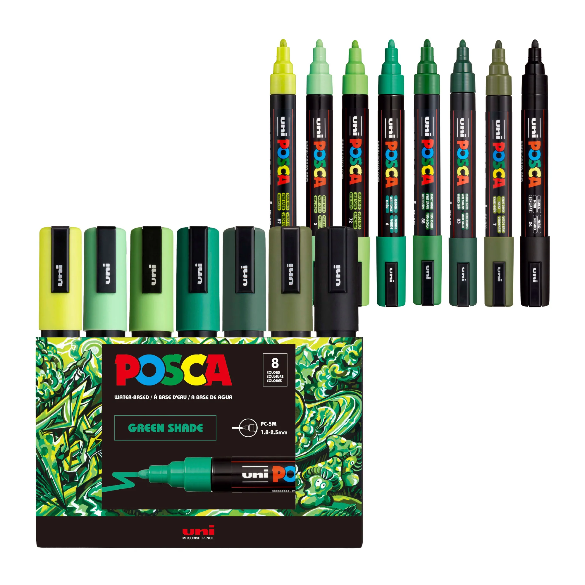 POSCA® PC-5M Water-Based Paint Markers, Medium Reversible Tip (1.8–2.5 mm), 8 Count Green Shade Colors