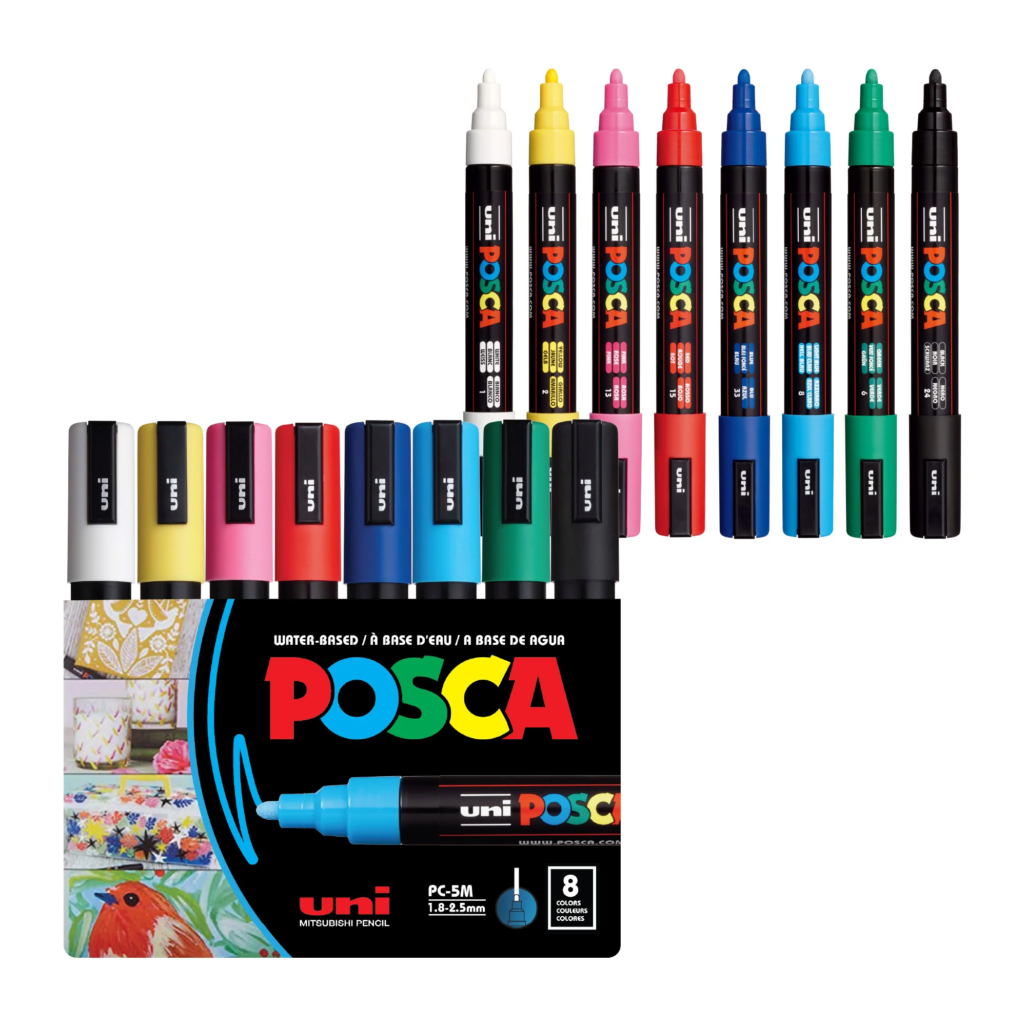 POSCA® PC-5M Water-Based Paint Markers, Medium Reversible Tip (1.8–2.5 mm), 8 Count Assorted Colors