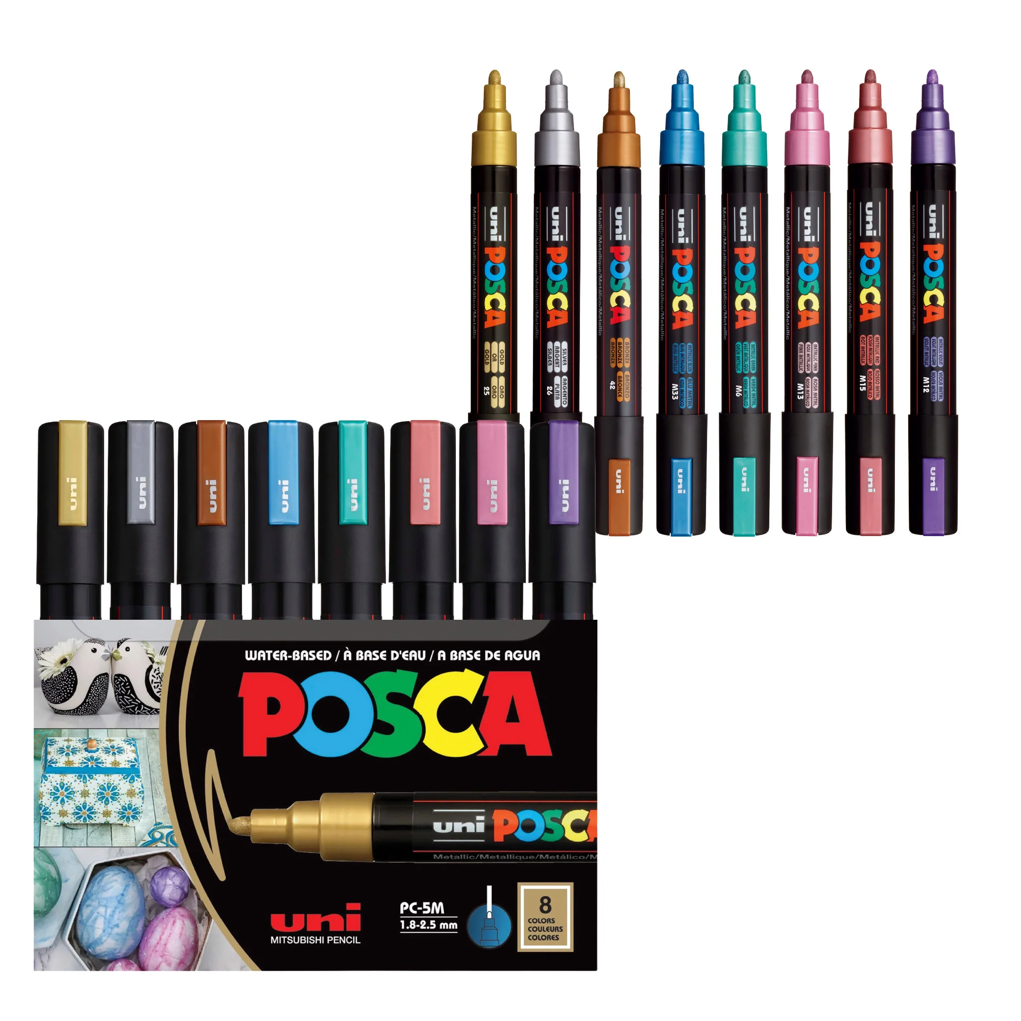 POSCA® PC-5M Water-Based Paint Markers, Medium Reversible Tip (1.8–2.5 mm), 8 Count Metallic Colors