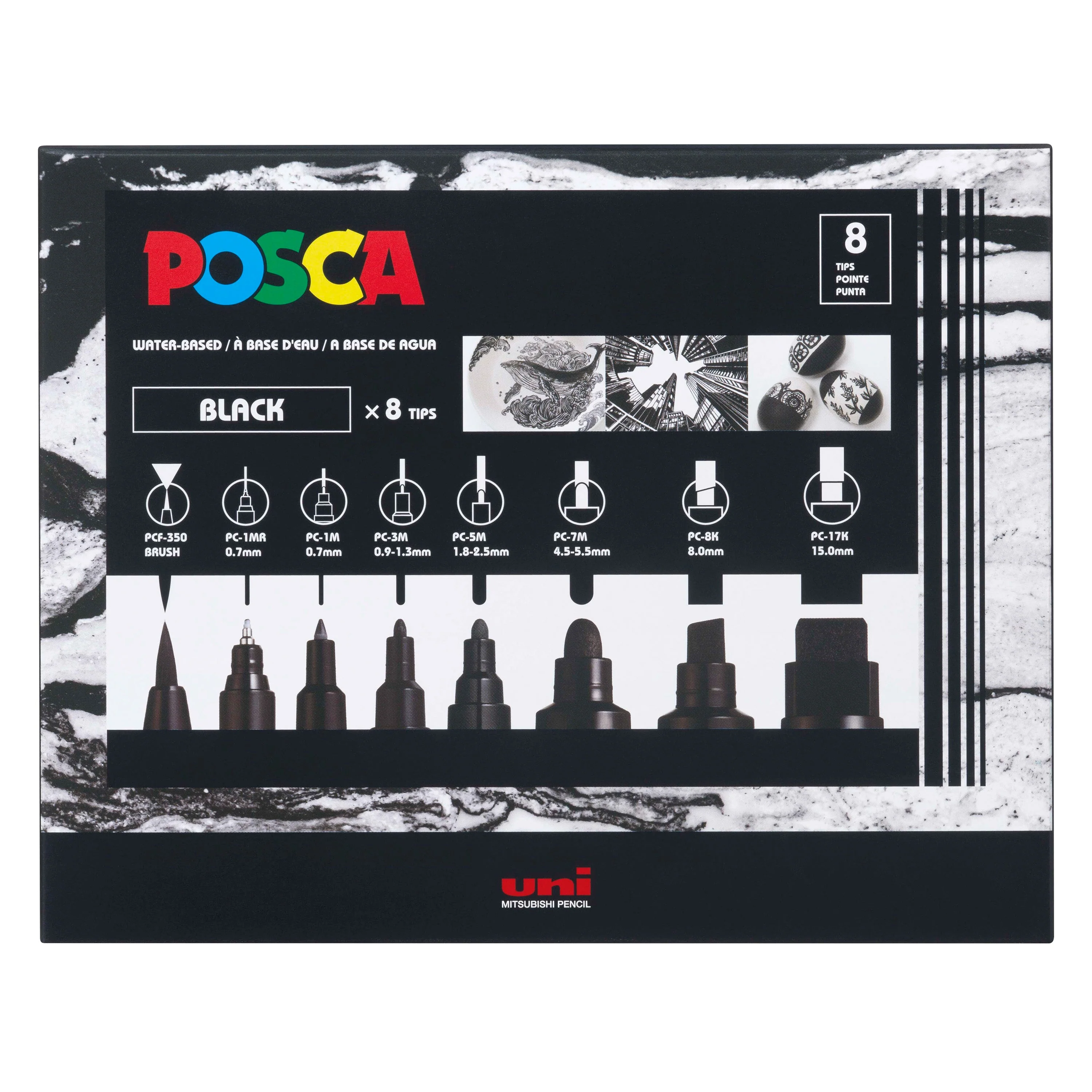 POSCA® PC-MIX Water-Based Paint Markers, Assorted Black Tips, 8 Count