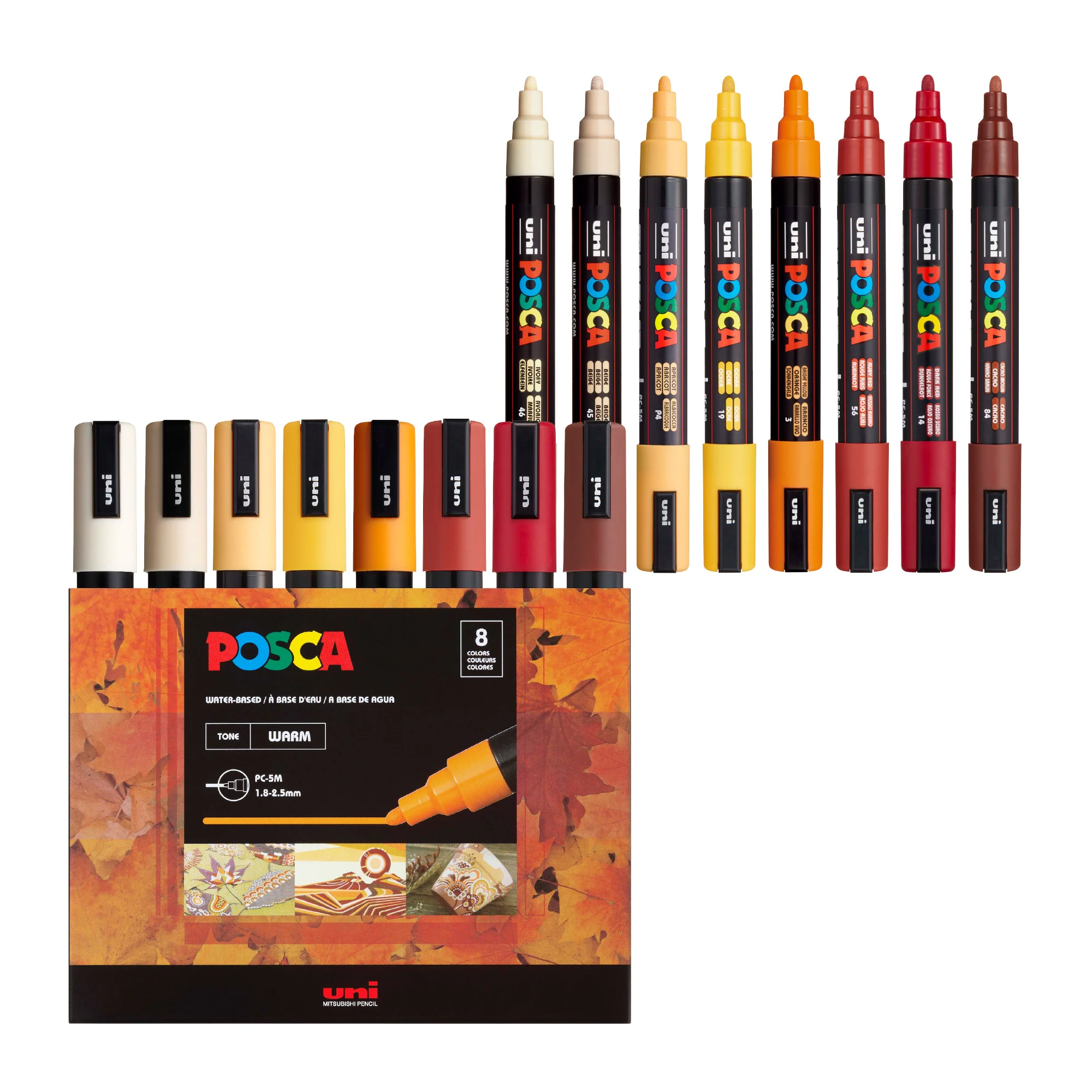 POSCA® PC-5M Water-Based Paint Markers, Medium Reversible Tip (1.8–2.5 mm), 8 Count Warm Tone Colors 1 POSCA® PC-5M Water-Based Paint Markers, Medium Reversible Tip (1.8–2.5 mm), 8 Count Warm Tone Colors
