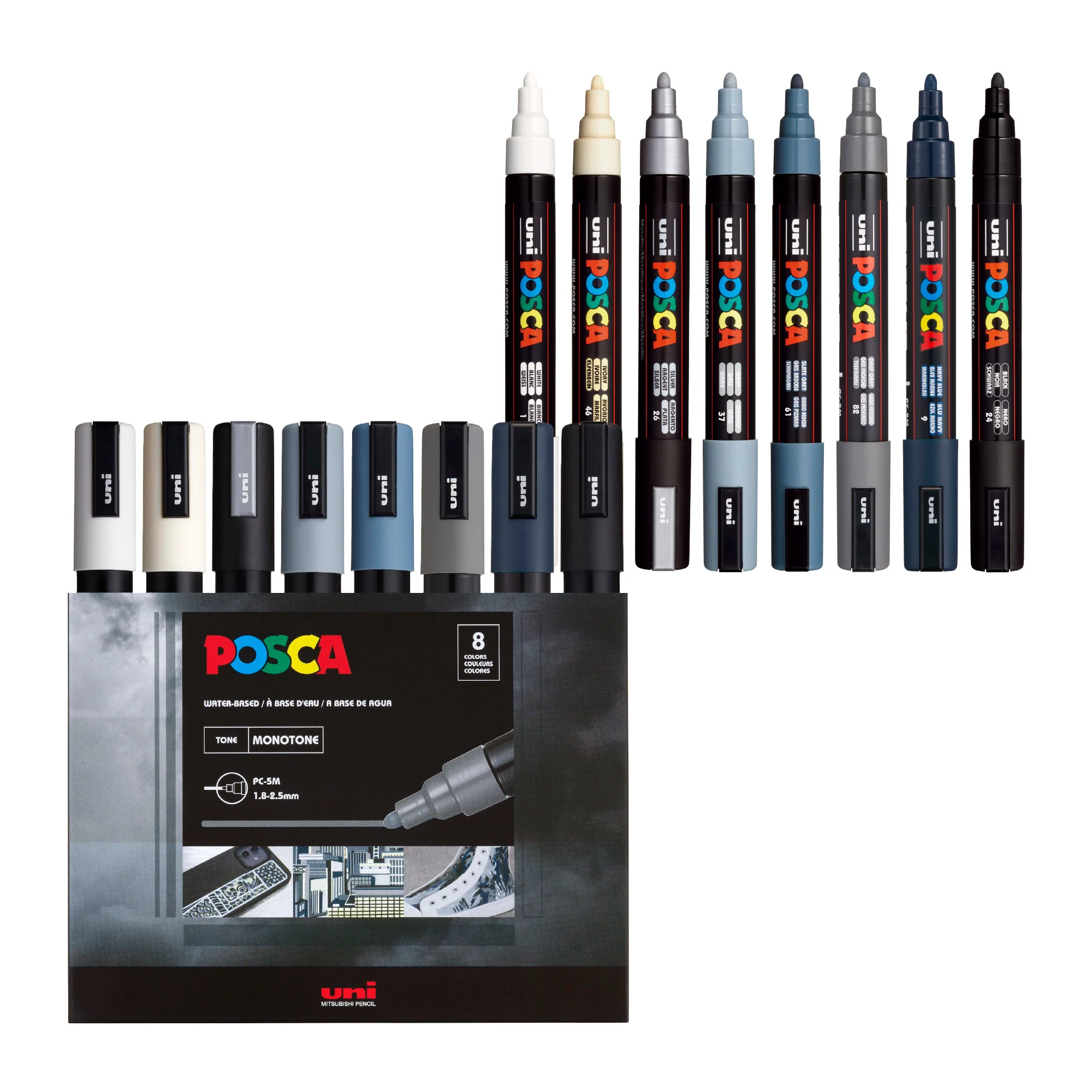POSCA® PC-5M Water-Based Paint Markers, Medium Reversible Tip (1.8–2.5 mm), 8 Count Monotone Colors
