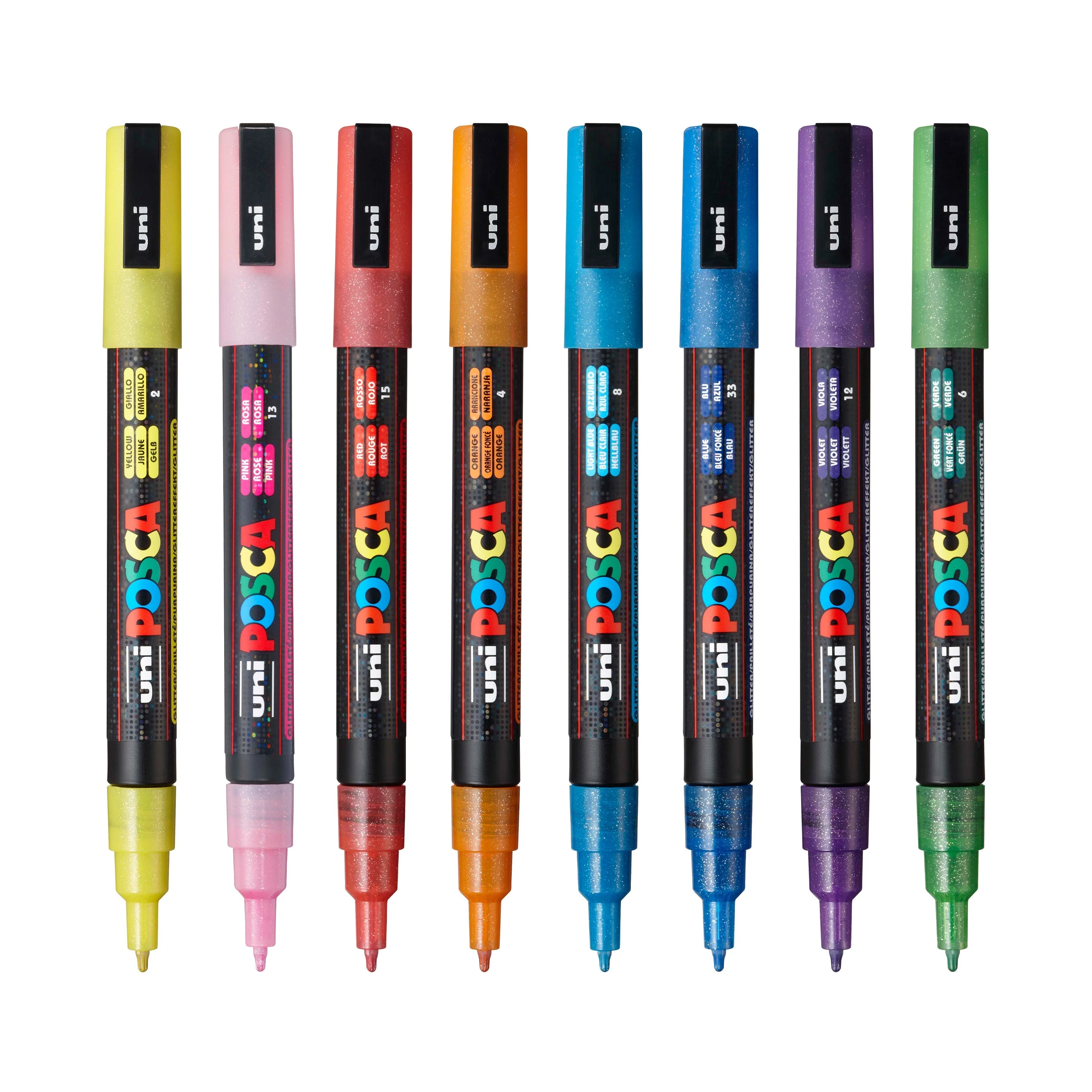 POSCA® PC-3ML Water-Based Paint Markers, Fine Reversible Tip (0.9–1.3 mm), 8 Count Glitter Colors