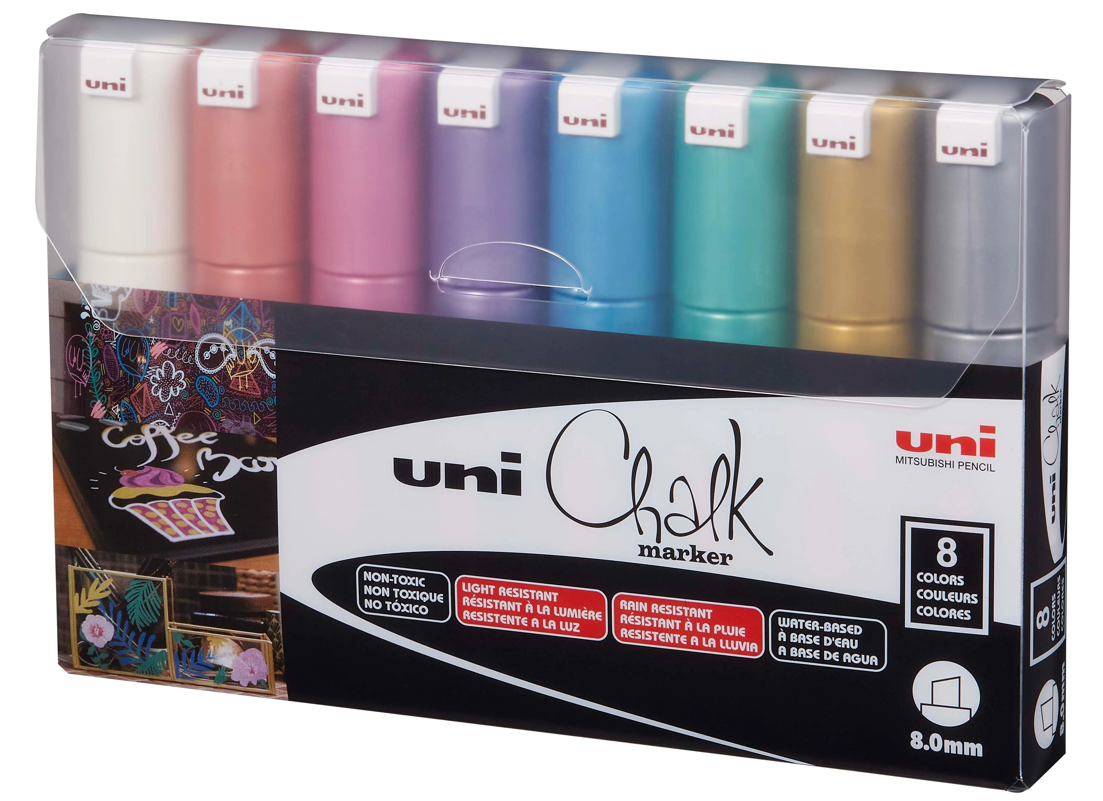 uni Chalk Markers, PWE-8k Metallic Broad Tip Marker - Assorted Color, 8 Pack