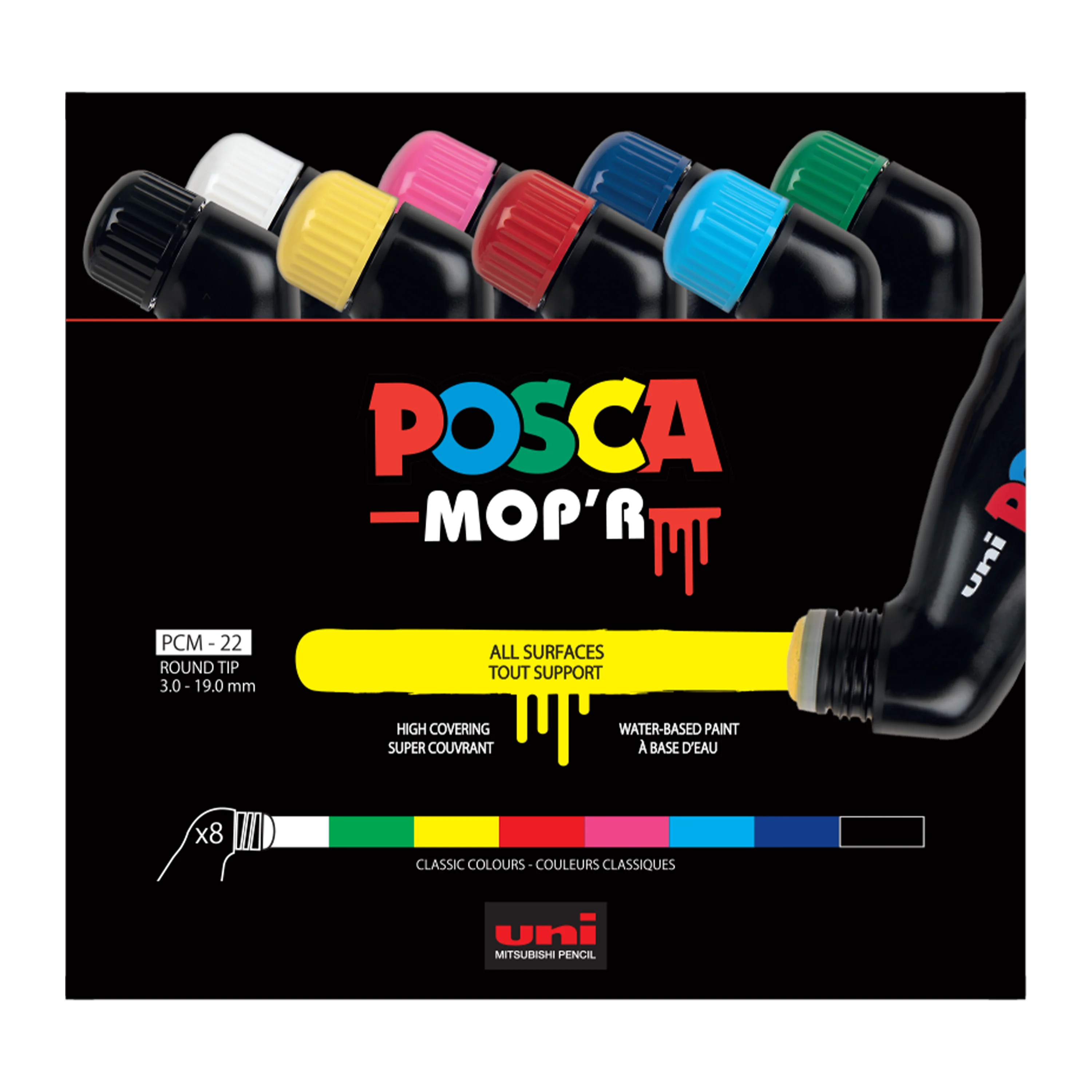 POSCA® MOP'R PCM-22 Water-Based Paint Markers, Round Tip (3.0-19.0 mm), 8 Count Assorted Colors