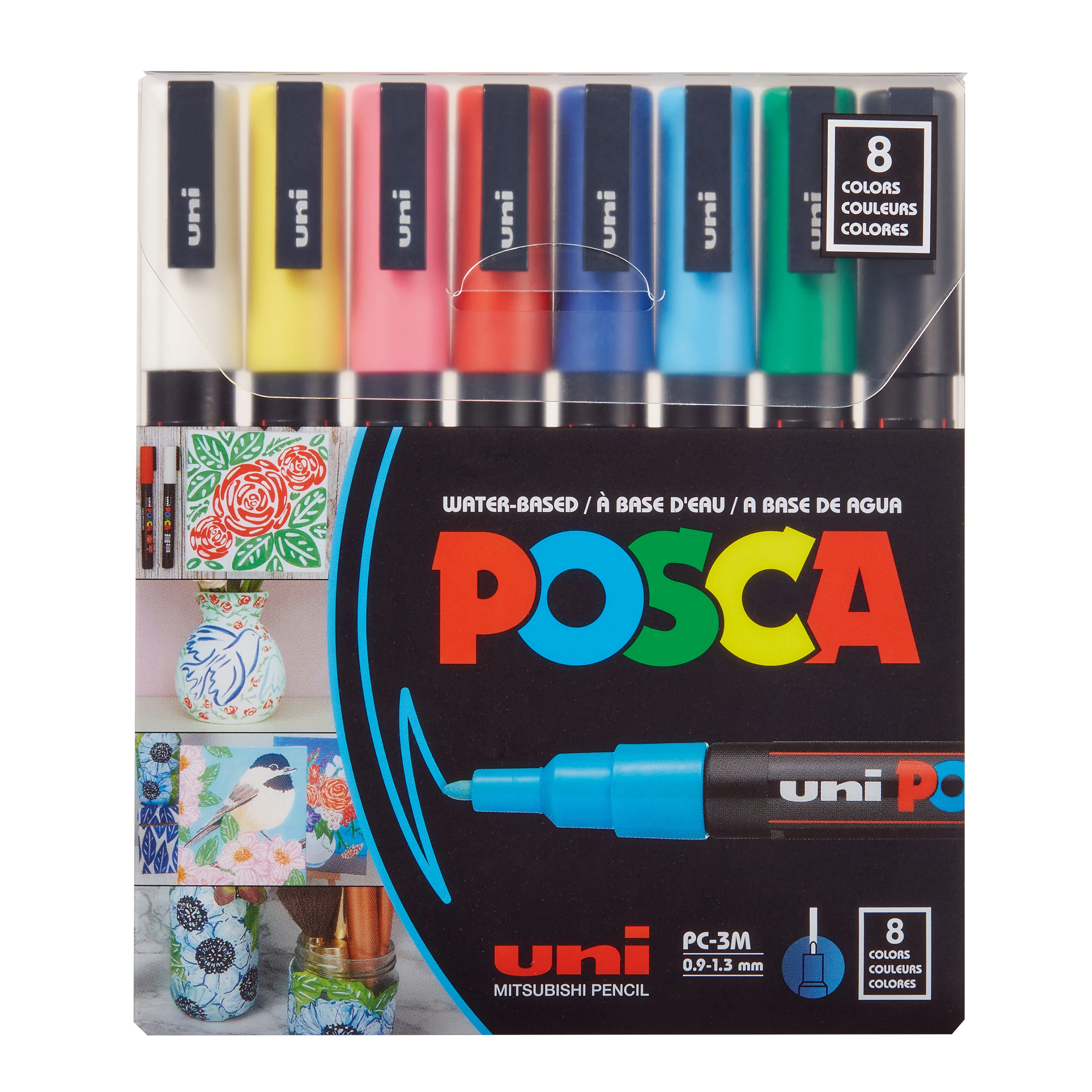 POSCA® PC-3M Water-Based Paint Markers, Fine Reversible Tip (0.9–1.3 mm), 8 Count Assorted Colors