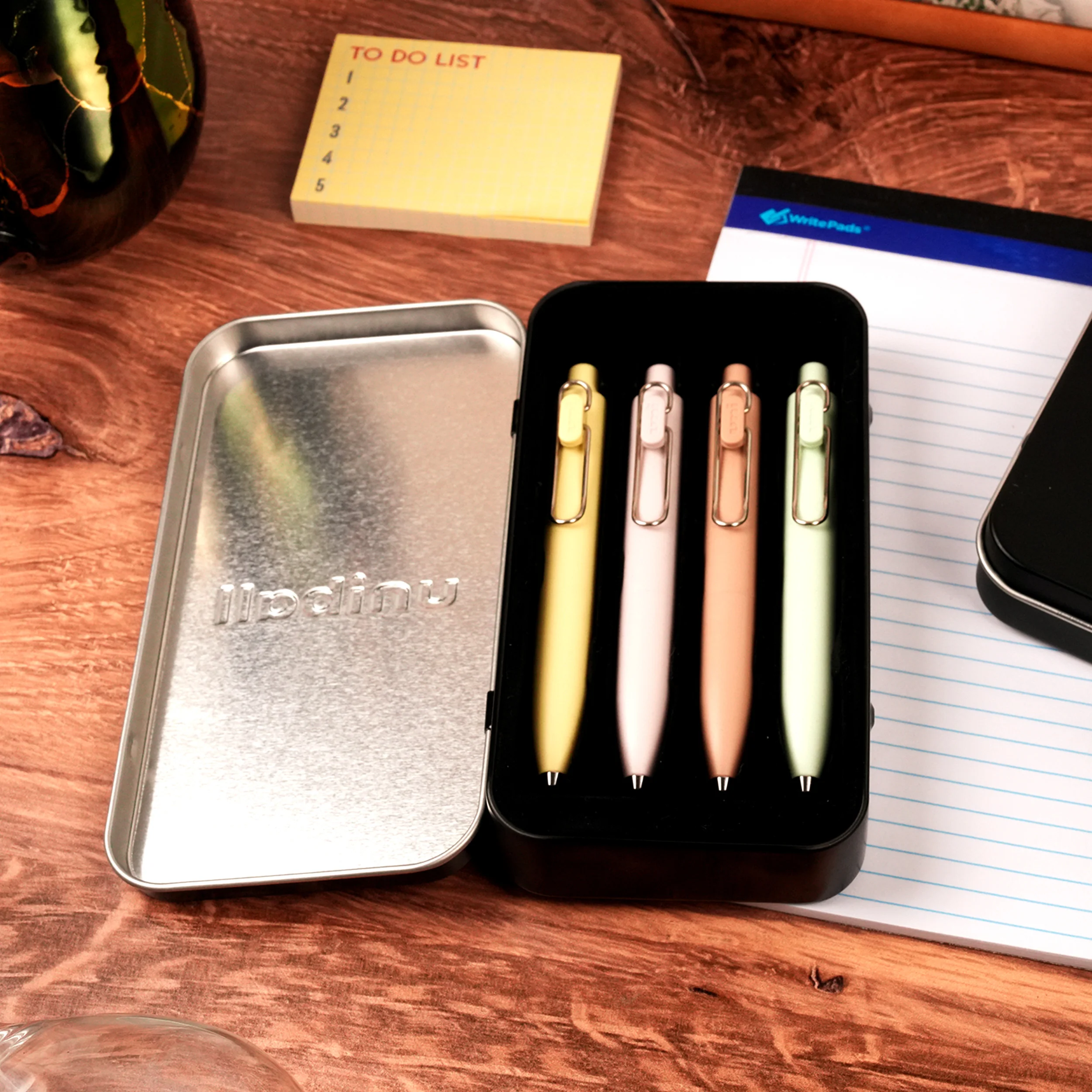 uniball™ One P Retractable Gel Pens, Banana, Peach, Mint and Coffee Colors with Exclusive Tin 5 uniball™ One P Retractable Gel Pens, Banana, Peach, Mint and Coffee Colors with Exclusive Tin
